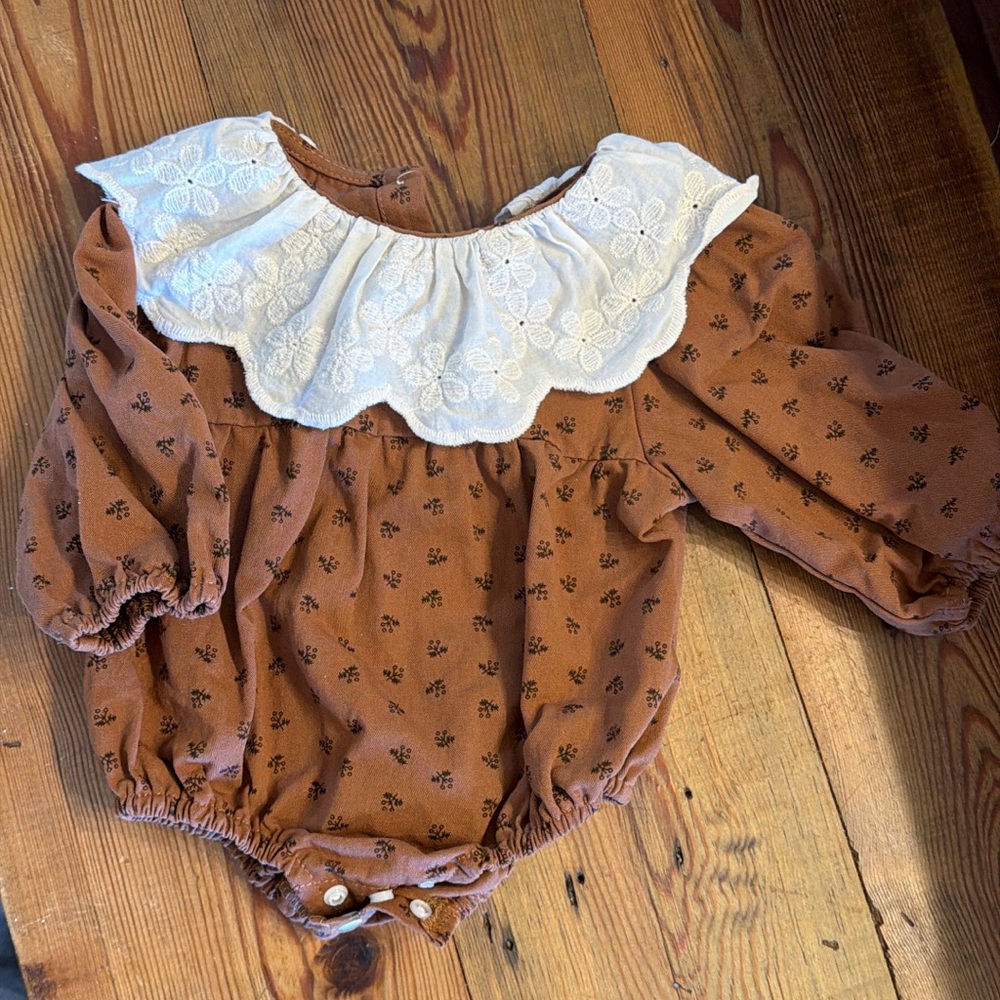 Rust Brown Long-Sleeve Baby Romper with White Eyelet Collar